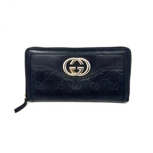 Gucci GG Guccissima Monogram Black Leather Zip Around Wallet with Double G Logo